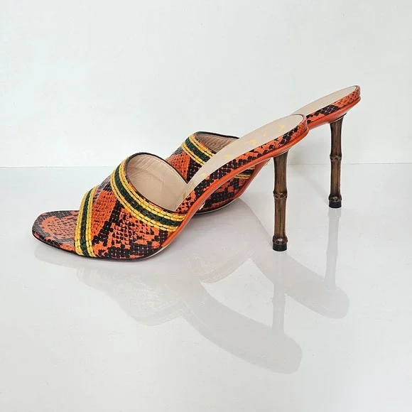 Gucci Bamboo Heel Slide Sandal Heels Orange Python Leather Size 39 Made in Italy - Picture 7 of 10